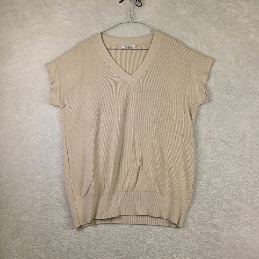 Vila Milano Womens Medium Beige Ribbed V-Neck Short Sleeve Knit Sweater Top
